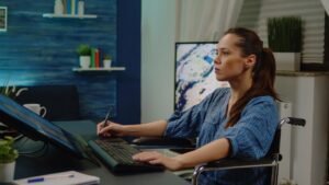 Visually impaired individual navigating a roofing website with a screen reader.